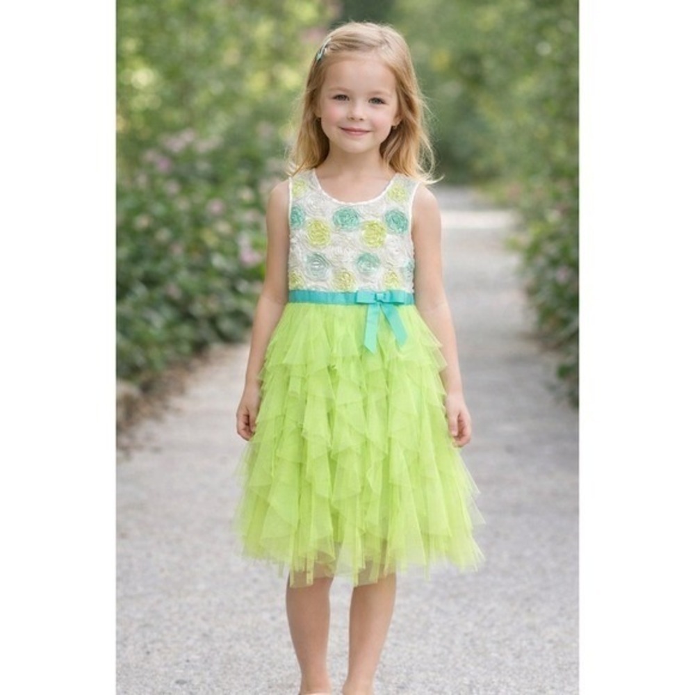 Jona Michelle Girls Dress Size 7 Green Roses Tulle Ruffle Party Special Occasion